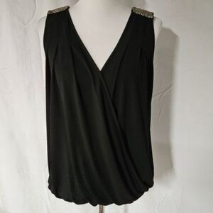 Guess by Marciano Black Bead Embellished Shoulders Deep V-Neck Dressy Blouse
